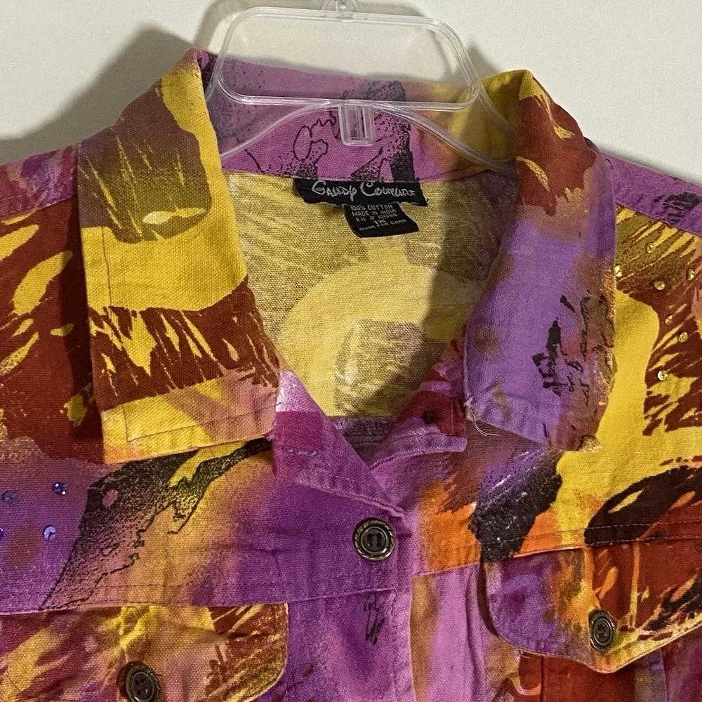 Gaudy Couture Denim Jacket‎ Womens 1X Purple Yellow Embellished Artsy Eclectic